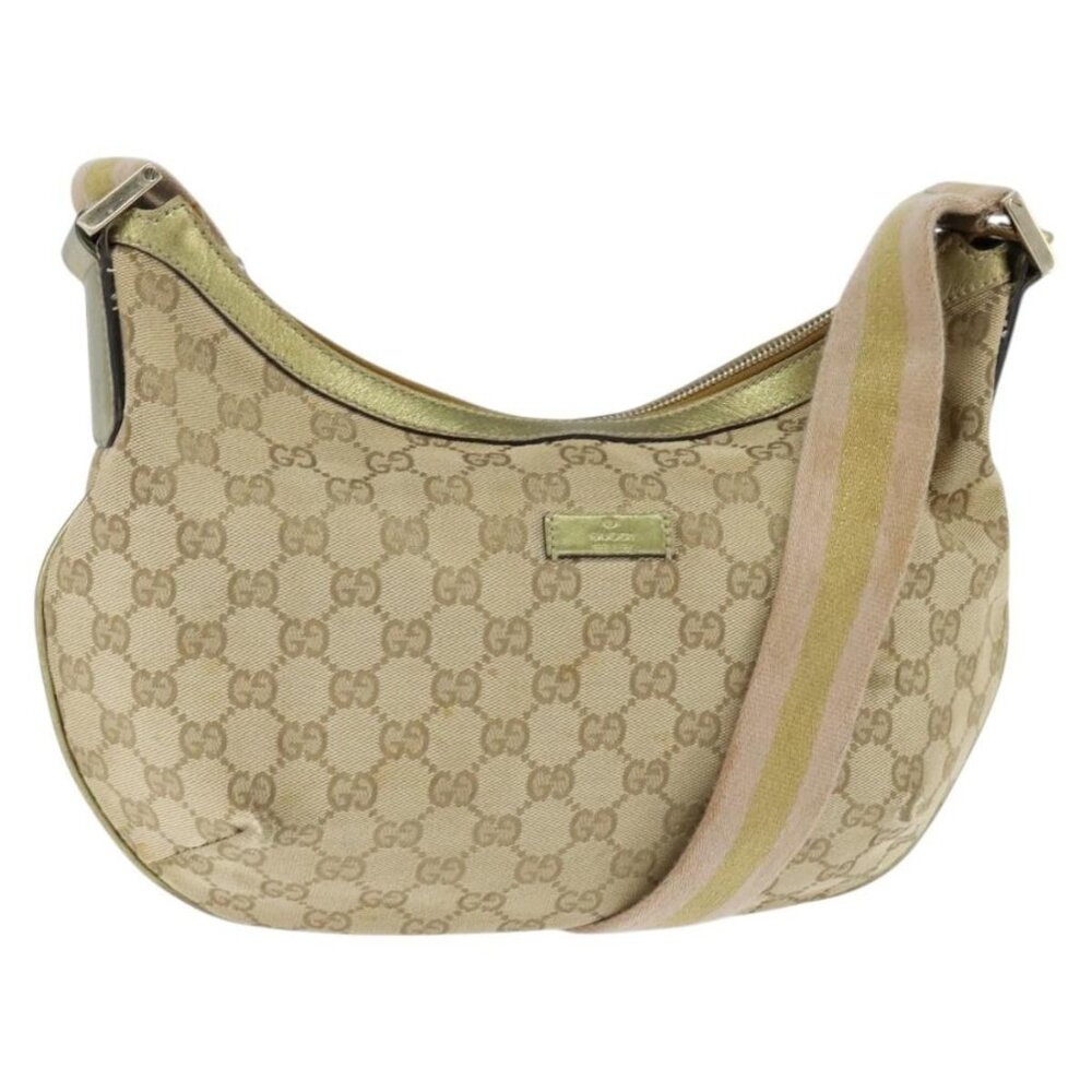 Authentic GUCCI GG Canvas Sherry Line Shoulder Bag Beige Gold 181092